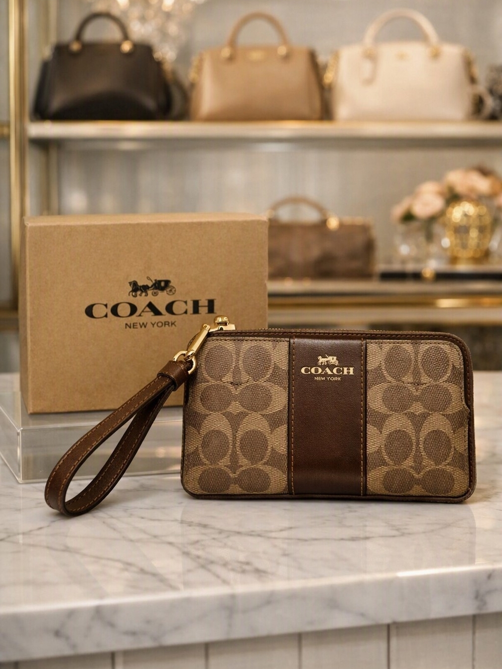 Coach Brown Signature Canvas Wristlet Wallet